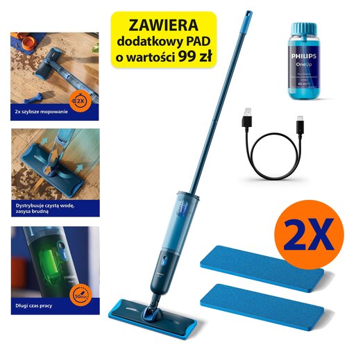 Mop elektryczny PHILIPS OneUp XV3101/11 czas pracy do 50 minut, 2x szybsze mopowanie, 2 wymienne pady w zestawie (Bezprzewodowy)