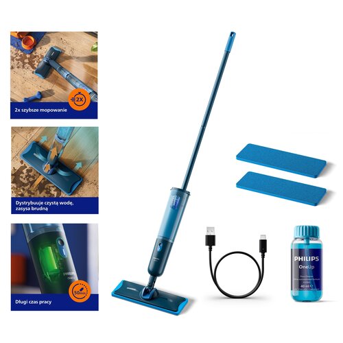 Mop elektryczny PHILIPS OneUp XV3101/11 czas pracy do 50 minut, 2x szybsze mopowanie, 2 wymienne pady w zestawie (Bezprzewodowy) - obrazek 2